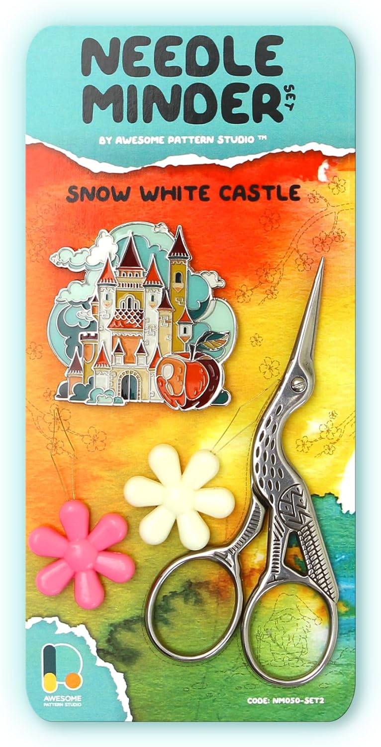 Awesome Pattern Studio Needle Minder Set - Snow White Castle Magnetic Needle Minder + 2 Needle Threaders + Crane Scissors. Enamel Pin for Cross Stitch, Embroidery and Craft - Image 1